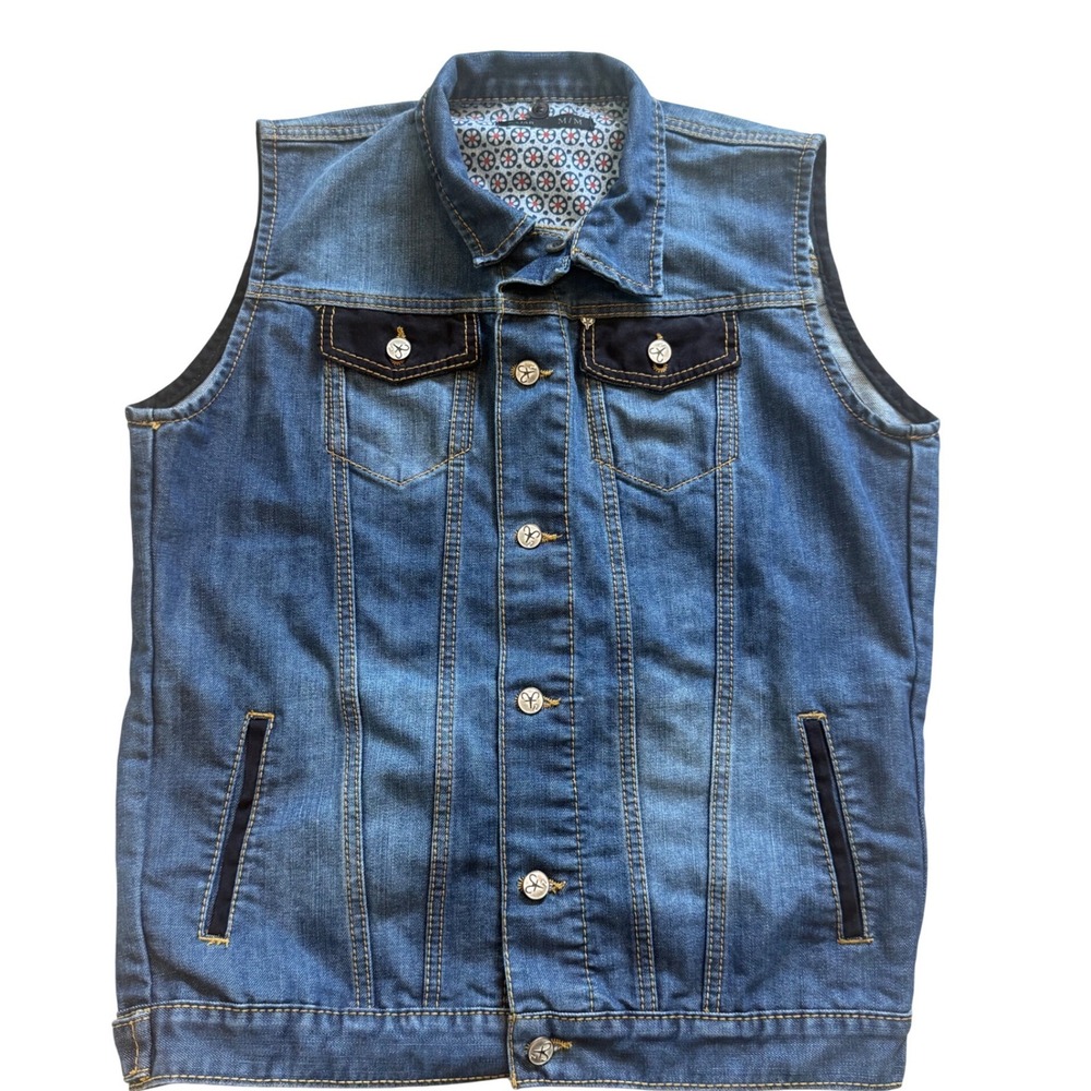 Zajar Mens Blue Denim Trucker Vest Medium Wash Distressed Contrast Trim Size M